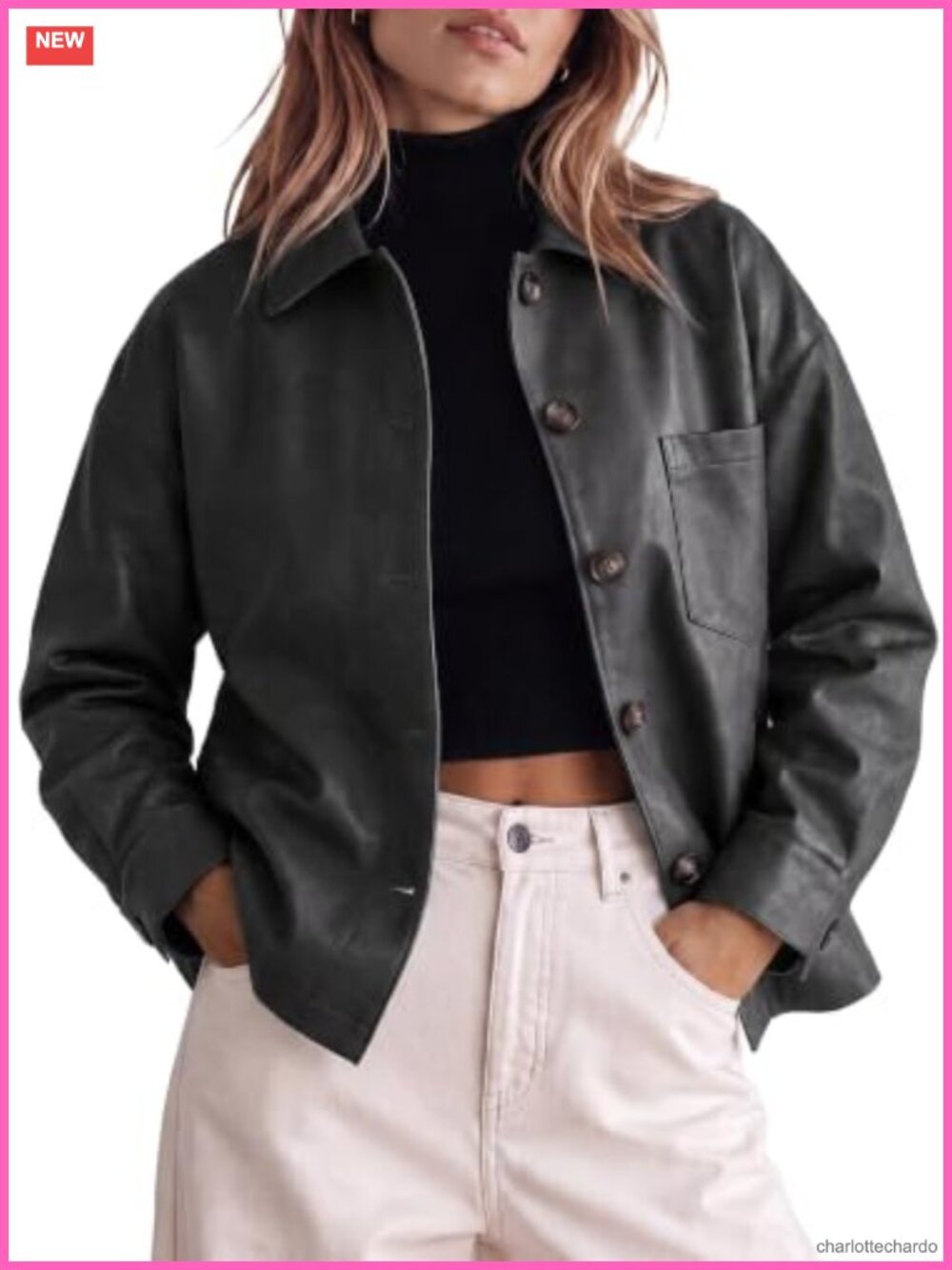 Faux Leather Button Down Moto Jacket Oversized Lapel Collar Casual Outerwear